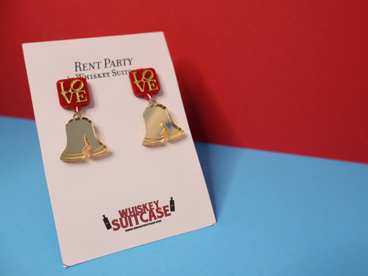 Philadelphia Love & Liberty Bell Earrings: Red w/Gold Mirror Bell | Lasercut Acrylic Jewelry | Mother's Day or Philly Teacher Gift