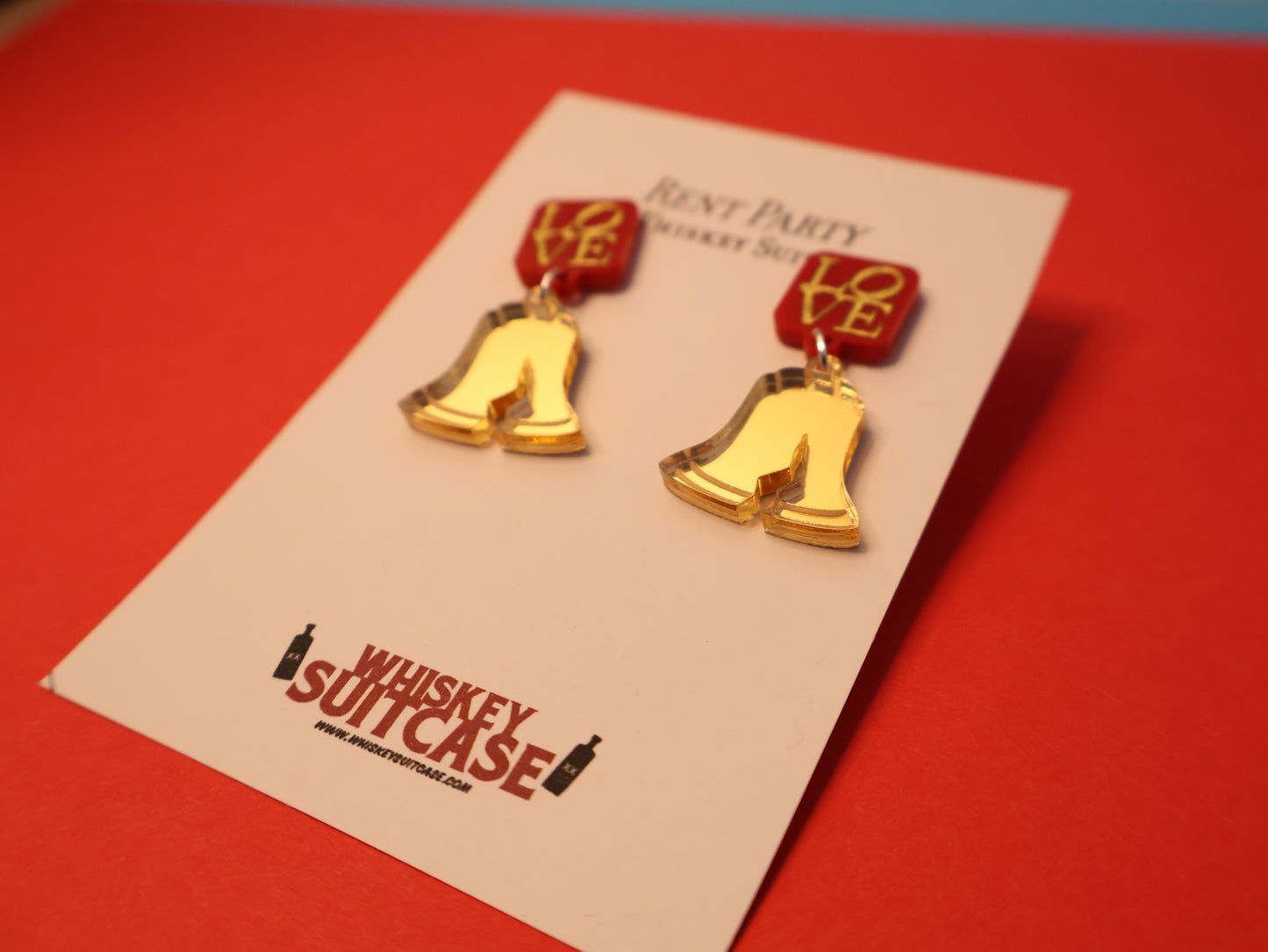 Philadelphia Love & Liberty Bell Earrings: Red w/Gold Mirror Bell | Lasercut Acrylic Jewelry | Mother's Day or Philly Teacher Gift