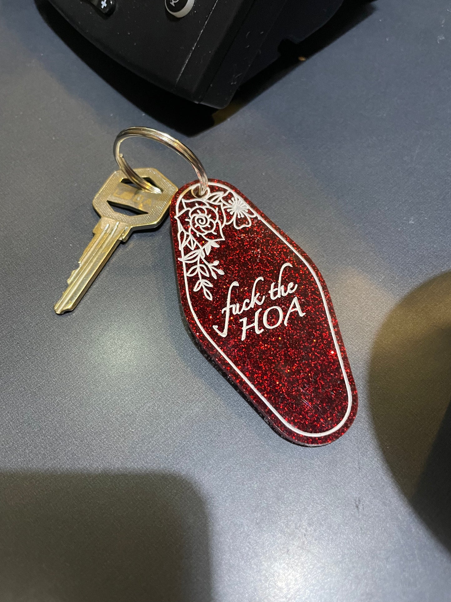 F the HOA Keychain - Red Glitter & Roses