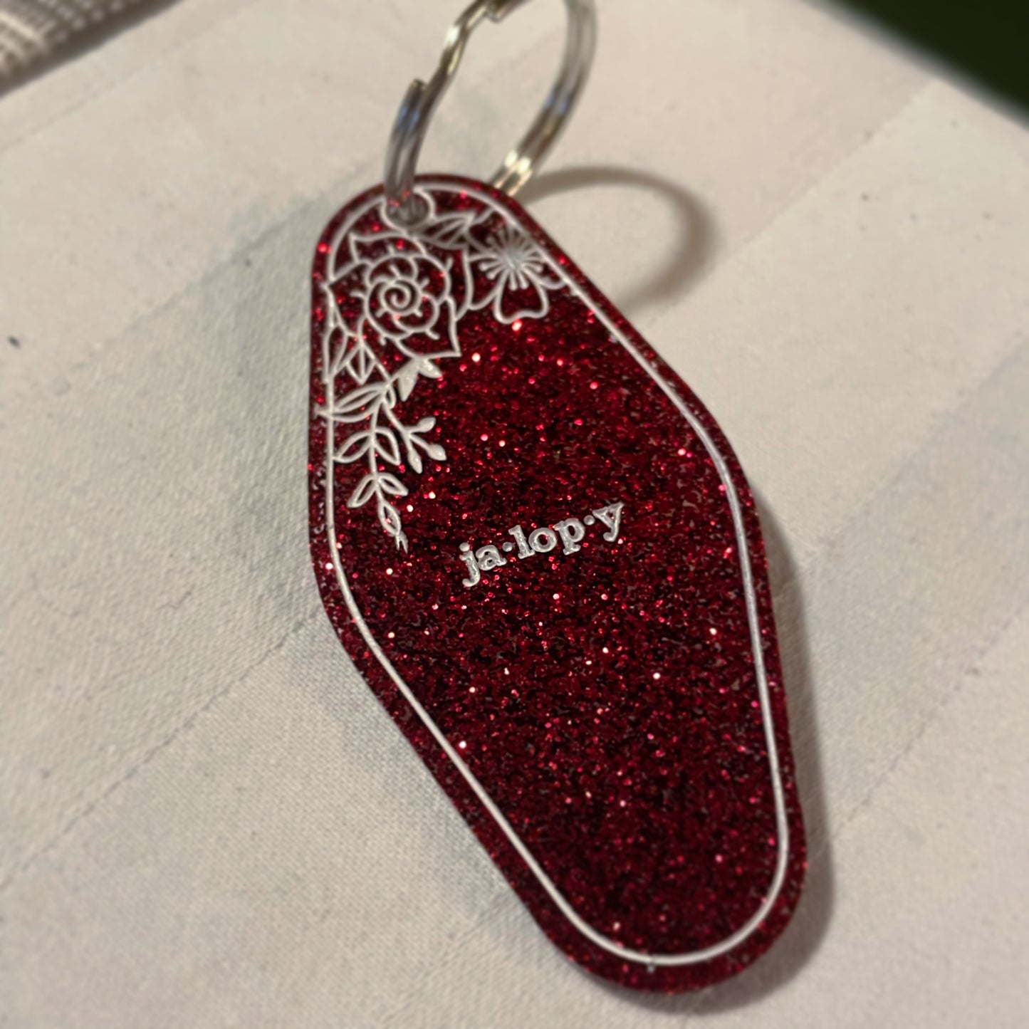 Jalopy Keychain - Red Glitter & Roses